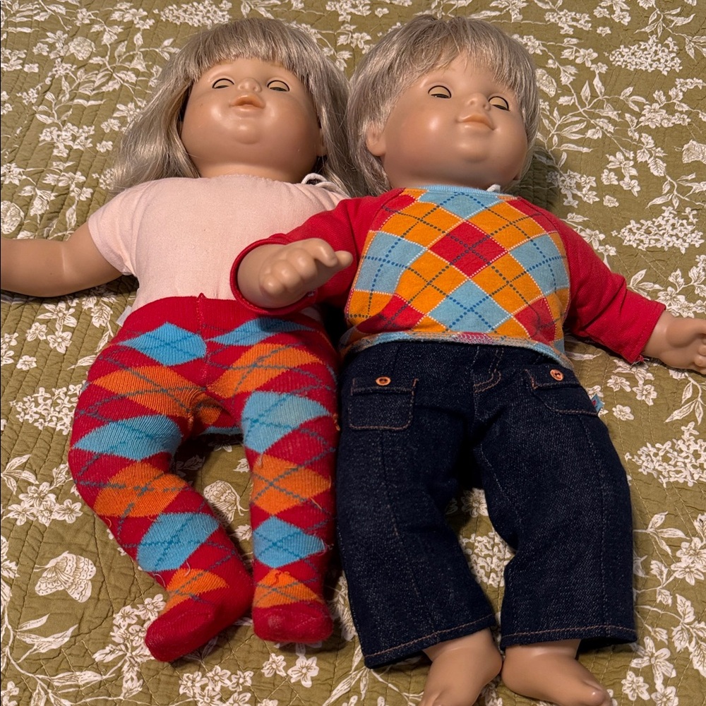 American girl twin Classic Kids Doll Pair with Red and Blue Argyle Outfits